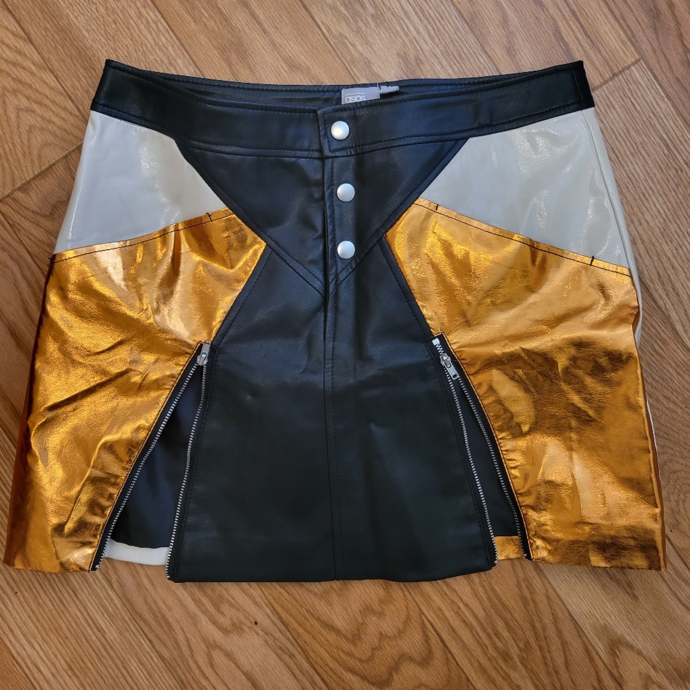 ASOS Color Block Bronze Gold Metallic Moto Mini Skirt